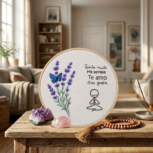 Quadro Bastidor Bordado Meditação Hooponopono Borboleta Azul