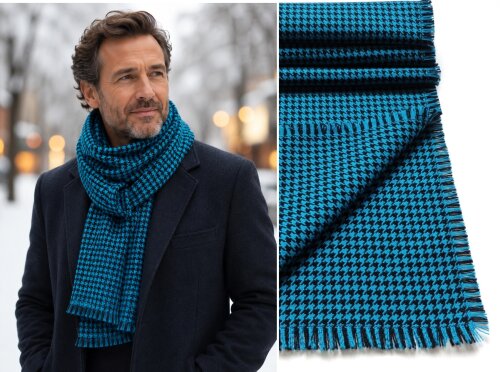 Cachecol Masculino Lã Extra Longo Xadrez Azul e Preto