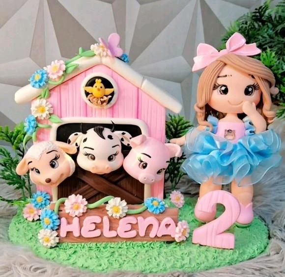 Topo Fazendinha Rosa Celeiro em Biscuit