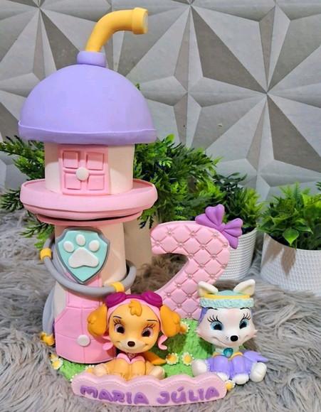 Topo Torre Patrulha Canina Rosa em Biscuit