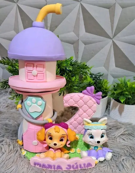 Topo Torre Patrulha Canina Rosa em Biscuit