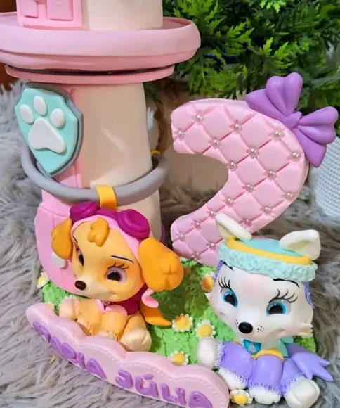 Topo Torre Patrulha Canina Rosa em Biscuit
