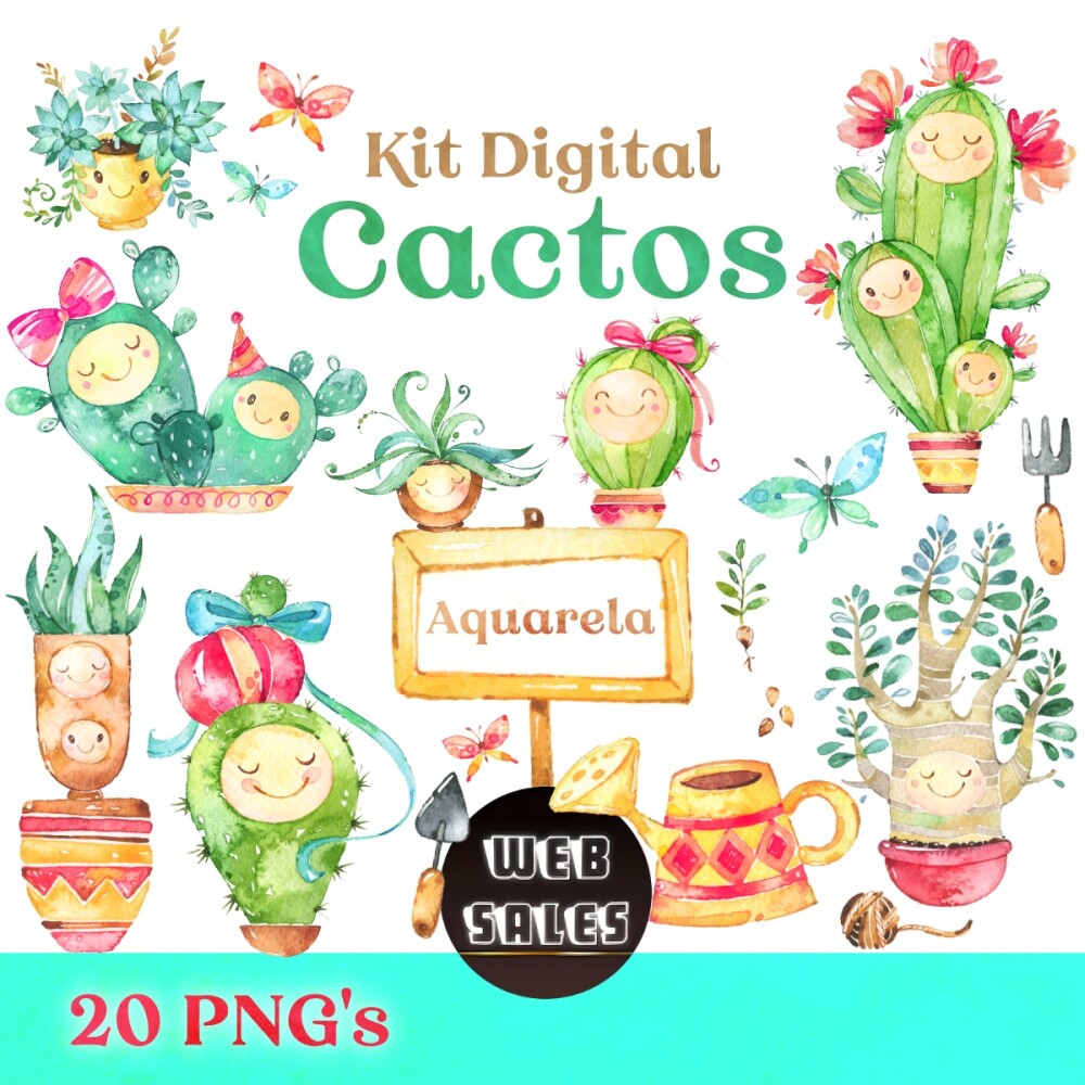 Kit Digital Cactos - Aquarela