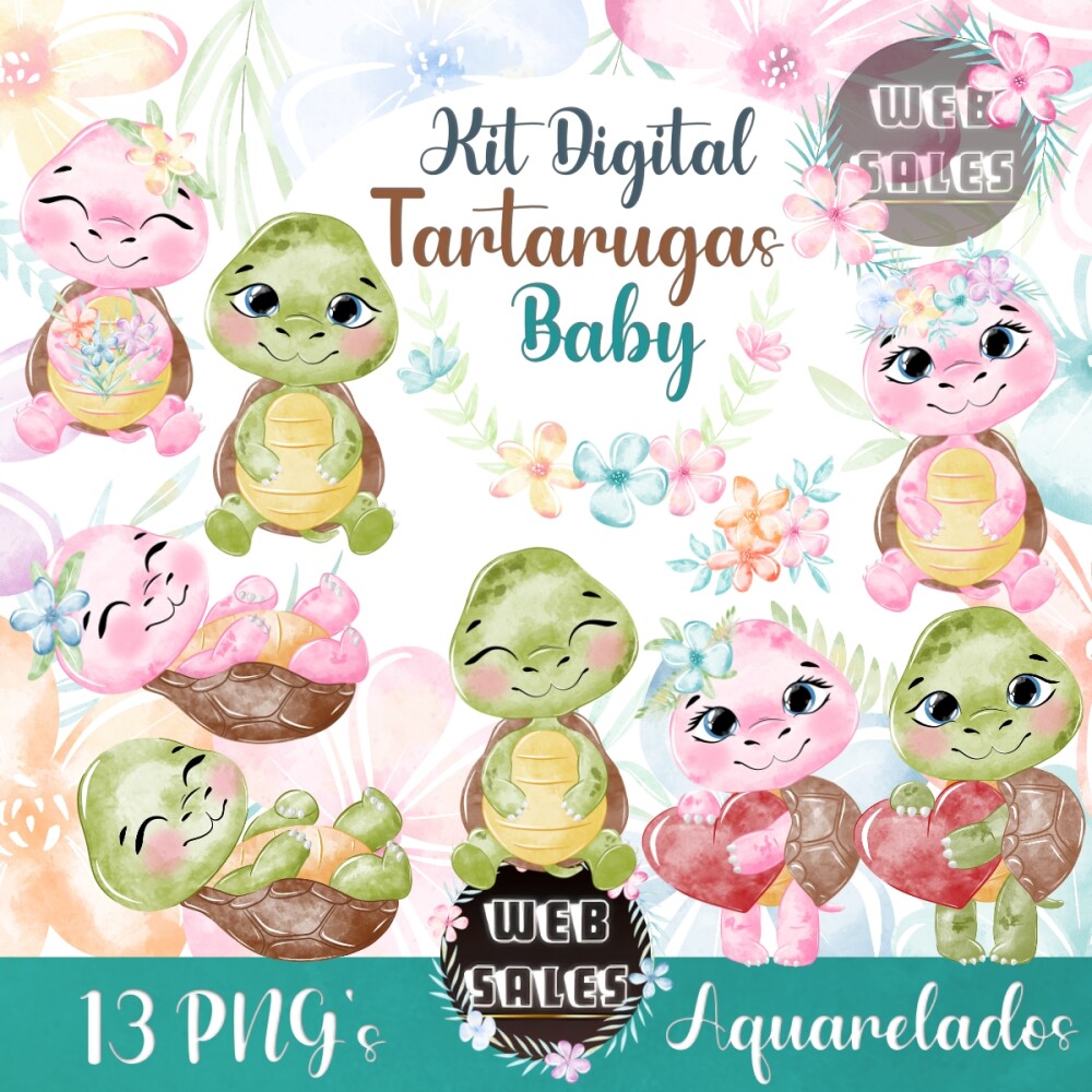 Kit Digital Tartarugas Baby - Aquarela