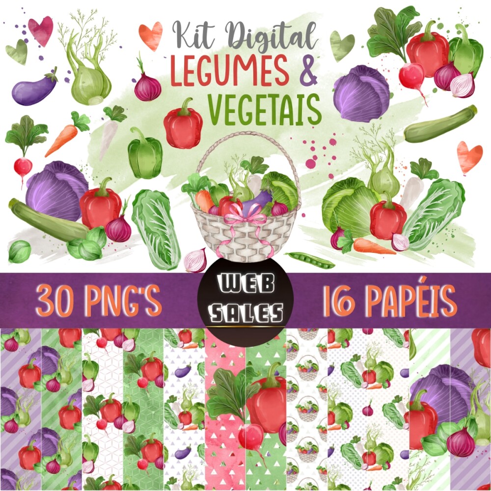 Kit Digital Legumes & Vegetais - Aquarela