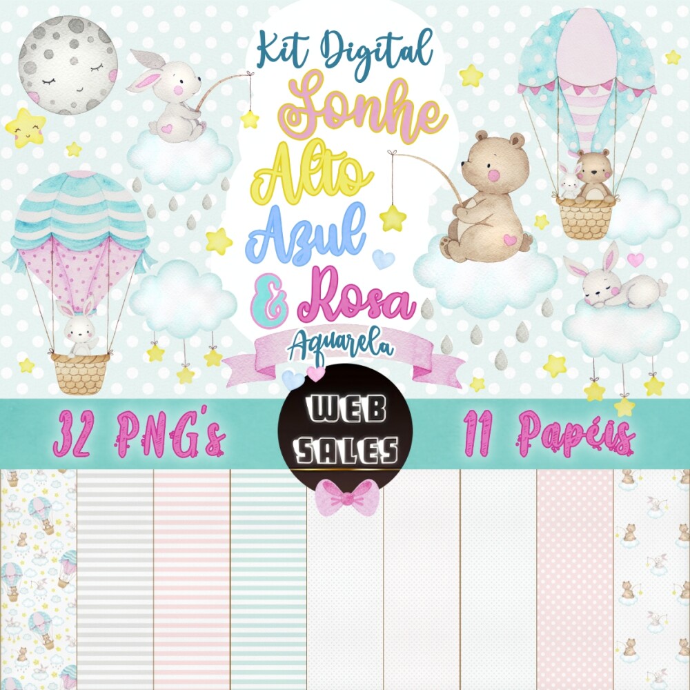 Kit Digital Sonhe Alto - Azul & Rosa - Aquarela