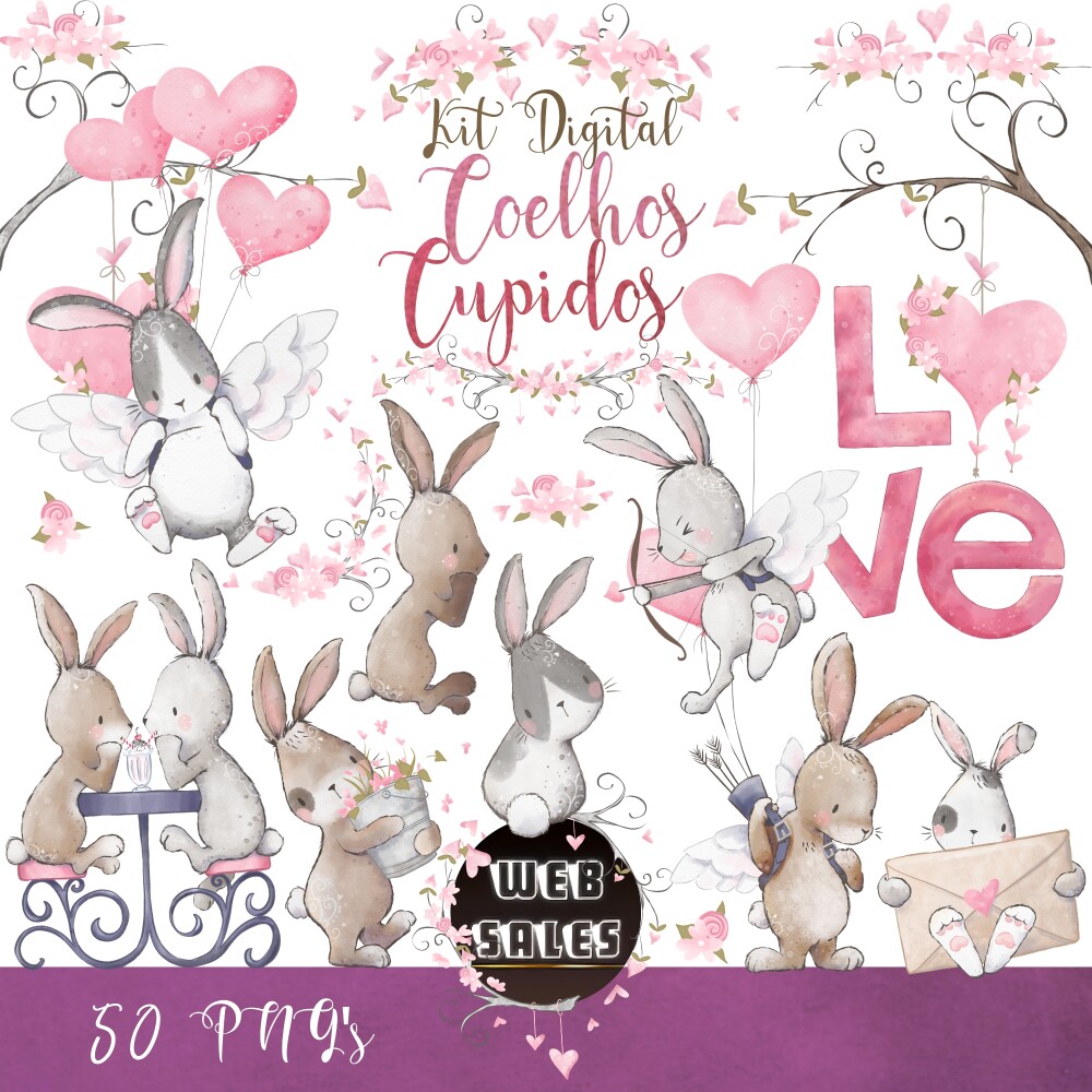 Kit Digital Coelhos Cupidos - Aquarela