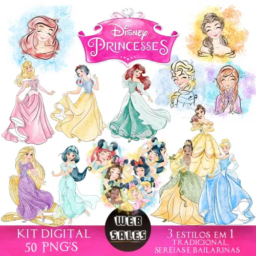 Kit Digital - Princesas 3 em 1- Aquarela