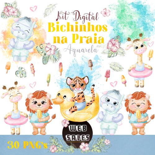 Kit Digital Bichinhos na Praia - Aquarela