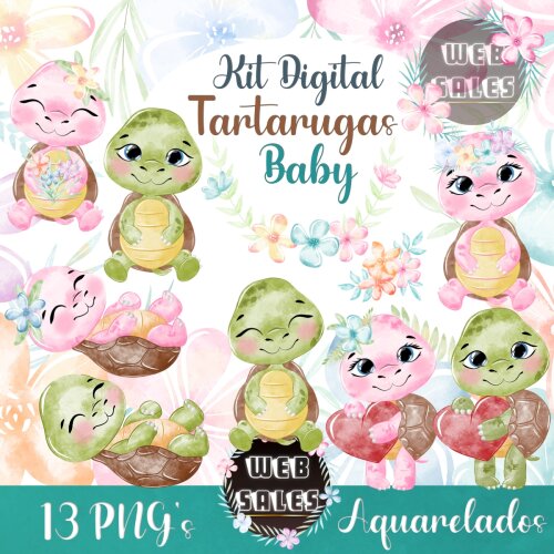 Kit Digital Tartarugas Baby - Aquarela