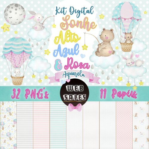 Kit Digital Sonhe Alto - Azul & Rosa - Aquarela