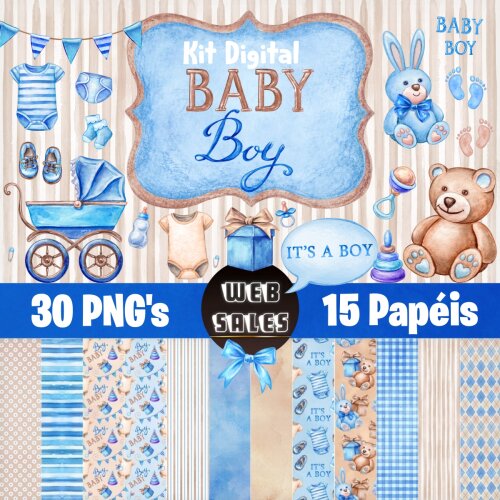 Kit Digital Baby Boy - Aquarela