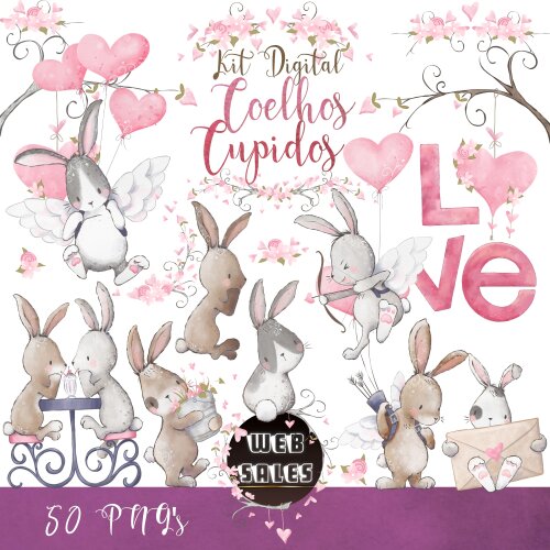 Kit Digital Coelhos Cupidos - Aquarela