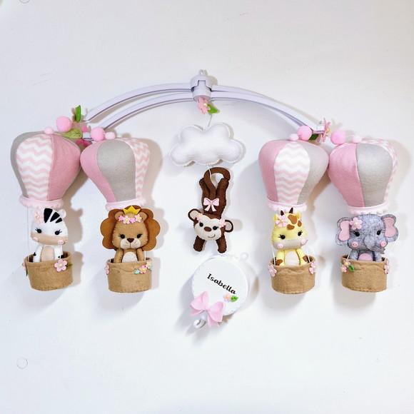 Mobile de Berço Safari Balão Menina Rosa e Cinza