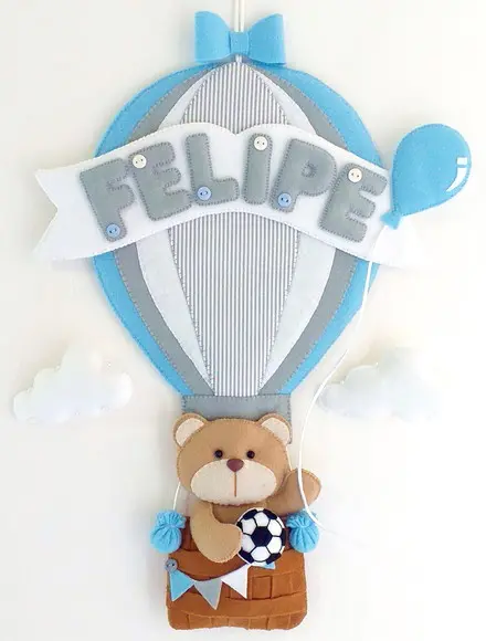 Enfeite Porta Maternidade Urso Baloeiro - Azul Cinza