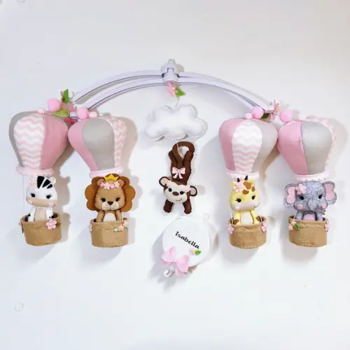 Mobile de Berço Safari Balão Menina Rosa e Cinza