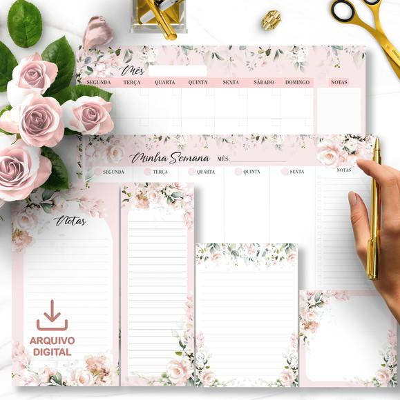 Arquivo Kit Desk Planners e Bloquinhos Coleção Floral Rosa