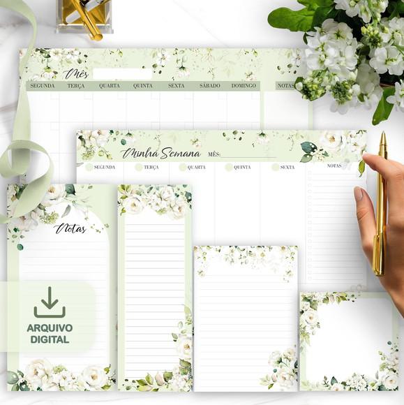 Arquivo Kit Desk Planners e Bloquinhos Coleção Rosas Brancas