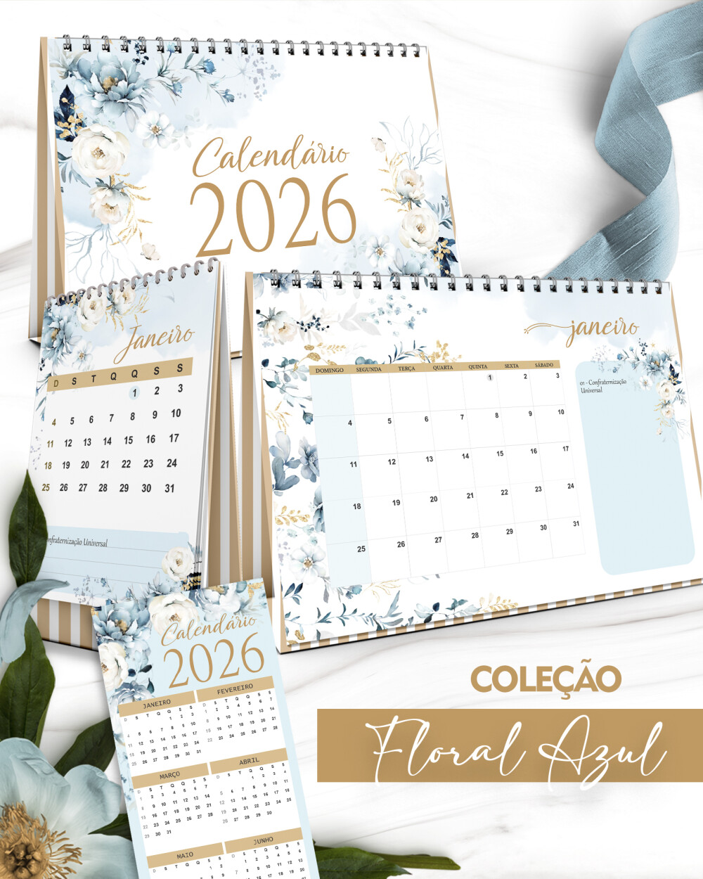 Arquivo Digital Kit Calendários 2026 Coleção Floral Azul