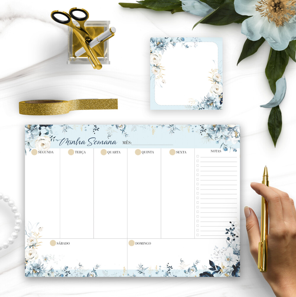 Arquivo Kit Desk Planners e Bloquinhos Coleção Floral Azul