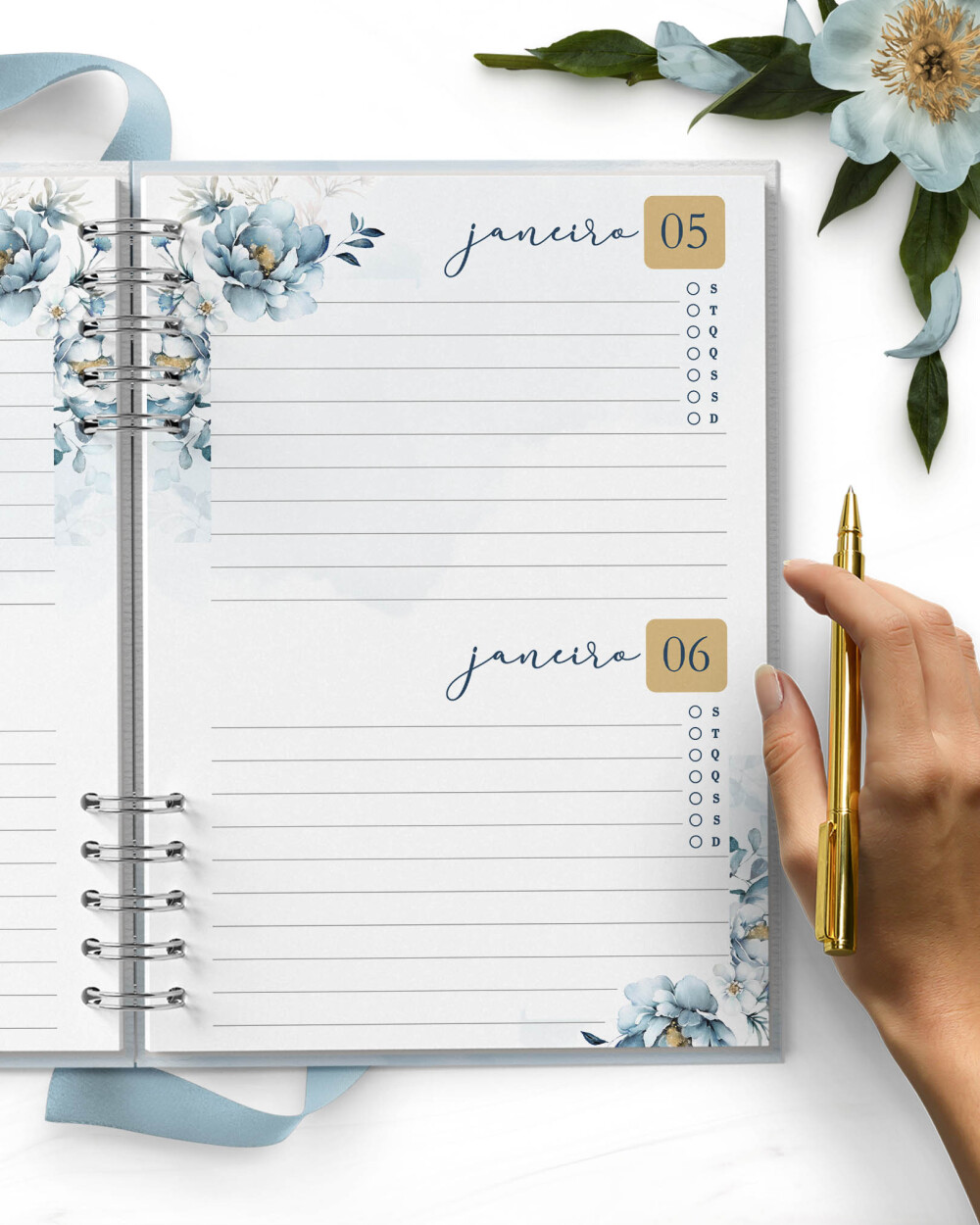 Agenda Digital Permanente 2 Dias Por Página Floral Azul