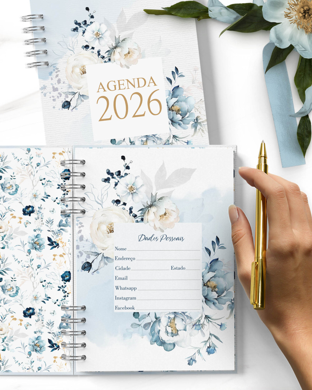Arquivo Agenda 2026 2 Dias Por Página Floral Azul