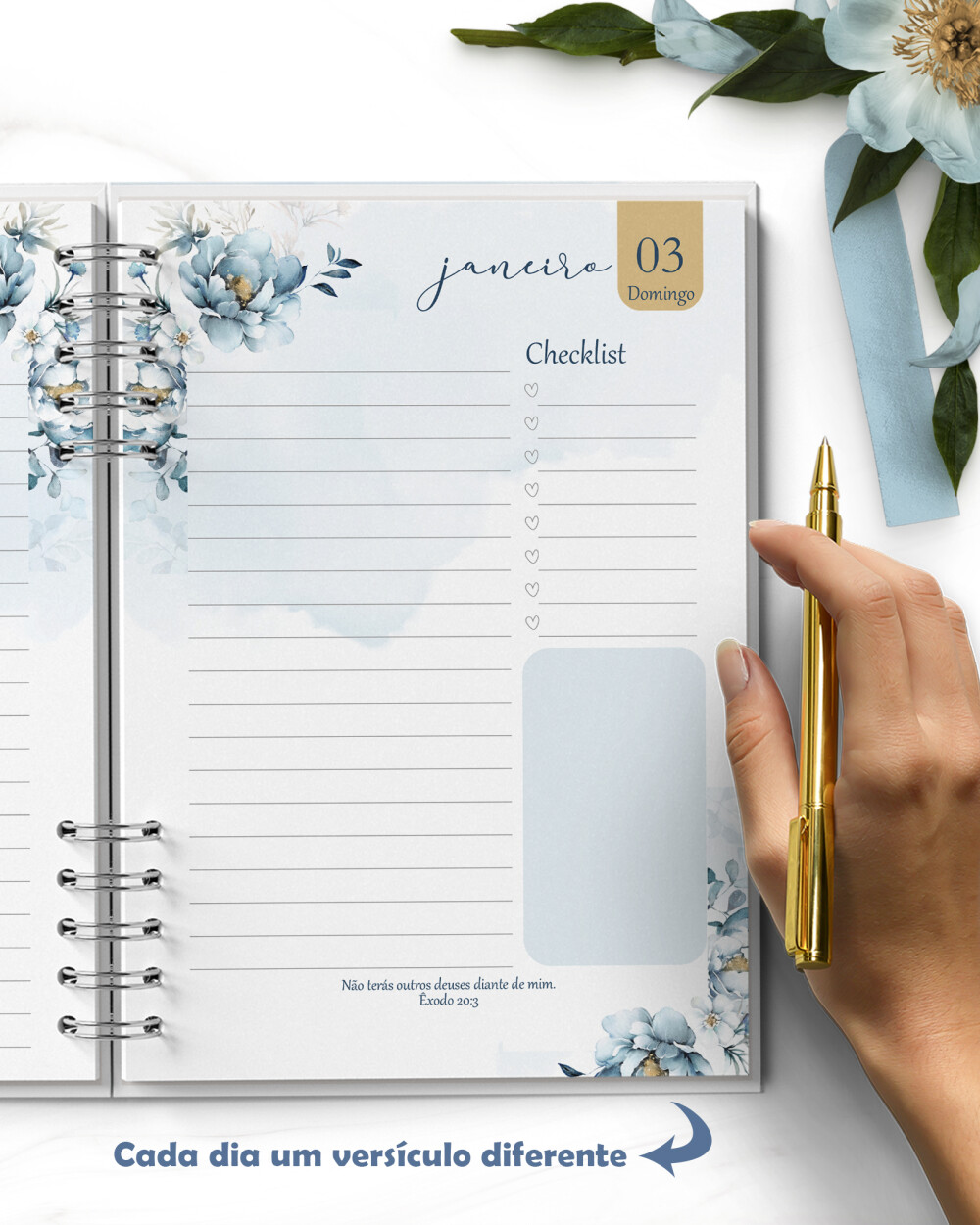 Arquivo Agenda 2027 1 Dia por Página COM VERSÍCULOS Floral Azul