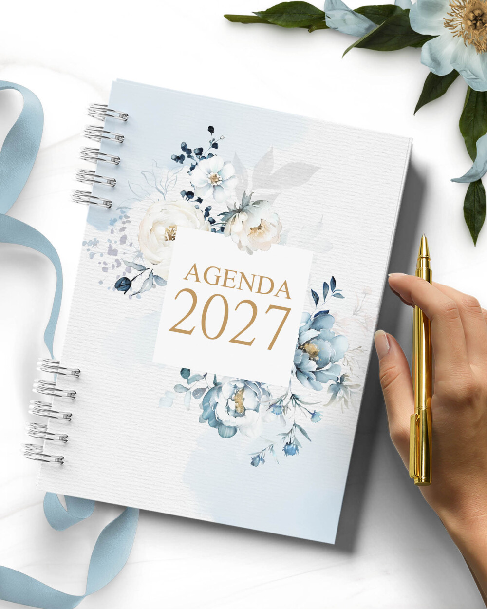 Arquivo Agenda 2027 2 Dias por Página Floral Azul