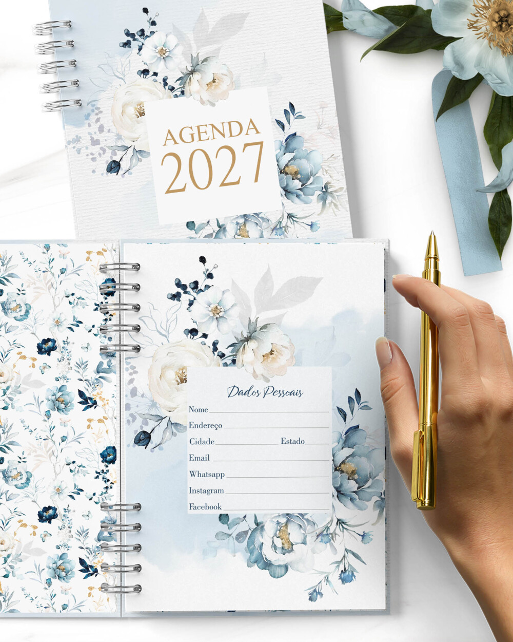 Arquivo Agenda 2027 2 Dias por Página Floral Azul