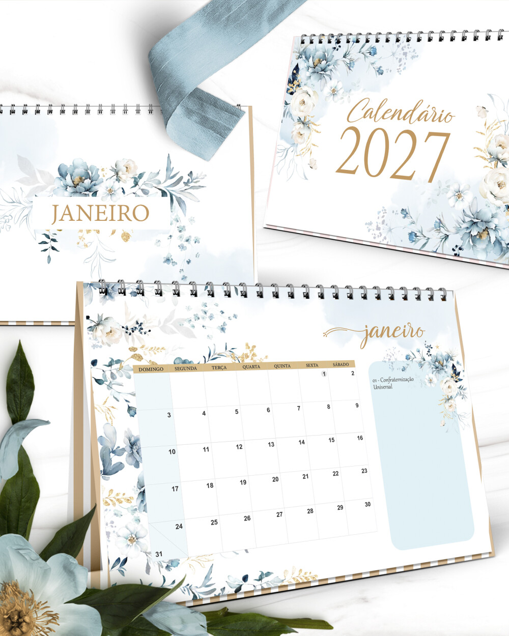 Arquivo Digital Kit Calendários 2027 Coleção Floral Azul