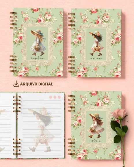 Arquivo Kit 6 Capas e 6 Miolos Decorados Doce Menina