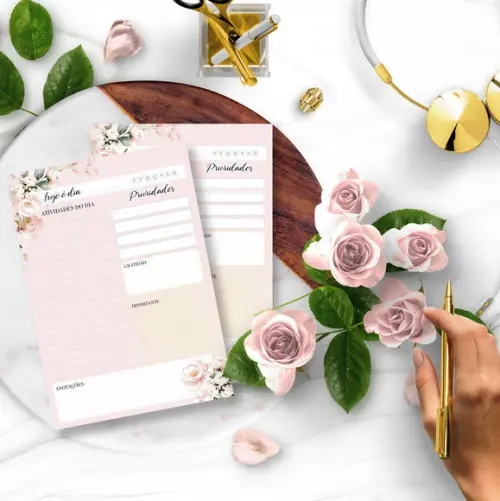 Arquivo Kit Desk Planners e Bloquinhos Coleção Floral Rosa