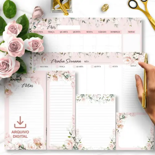 Arquivo Kit Desk Planners e Bloquinhos Coleção Floral Rosa