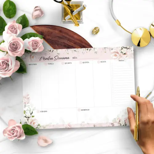 Arquivo Kit Desk Planners e Bloquinhos Coleção Floral Rosa