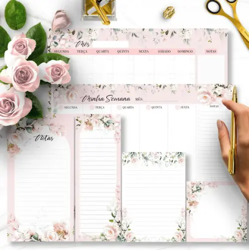 Arquivo Kit Desk Planners e Bloquinhos Coleção Floral Rosa