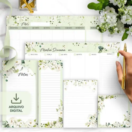 Arquivo Kit Desk Planners e Bloquinhos Coleção Rosas Brancas