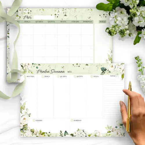 Arquivo Kit Desk Planners e Bloquinhos Coleção Rosas Brancas