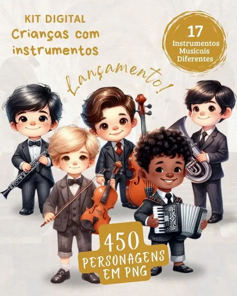 Kit Digital 450 Ilustrações Meninos com 17 Instrumentos