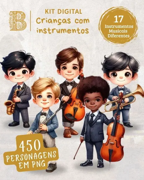 Kit Digital 450 Ilustrações Meninos com 17 Instrumentos