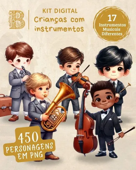Kit Digital 450 Ilustrações Meninos com 17 Instrumentos