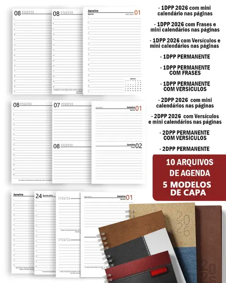 Super Combo 10 Agendas 2026 e Permanente | 5 Modelos de Capa