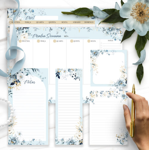 Arquivo Kit Desk Planners e Bloquinhos Coleção Floral Azul