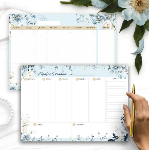 Arquivo Kit Desk Planners e Bloquinhos Coleção Floral Azul
