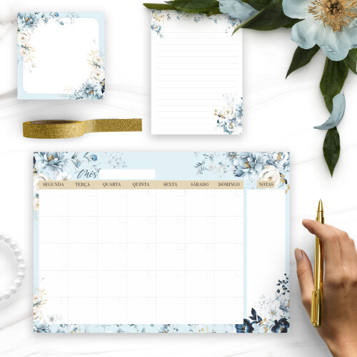 Arquivo Kit Desk Planners e Bloquinhos Coleção Floral Azul