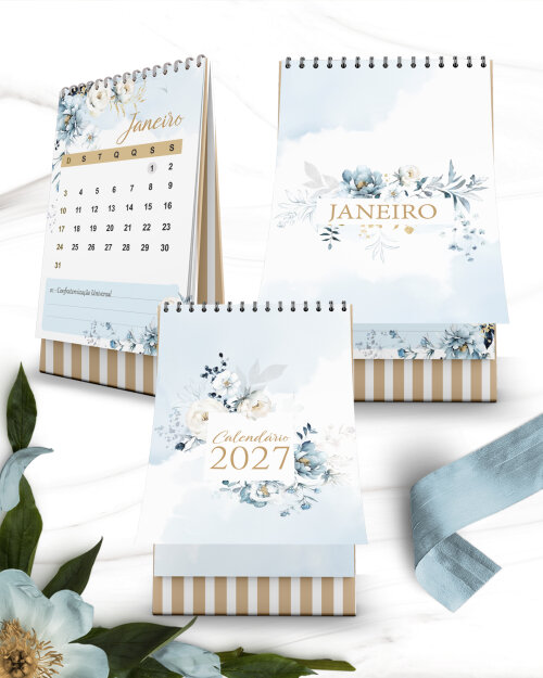 Arquivo Digital Kit Calendários 2027 Coleção Floral Azul
