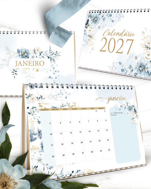 Arquivo Digital Kit Calendários 2027 Coleção Floral Azul