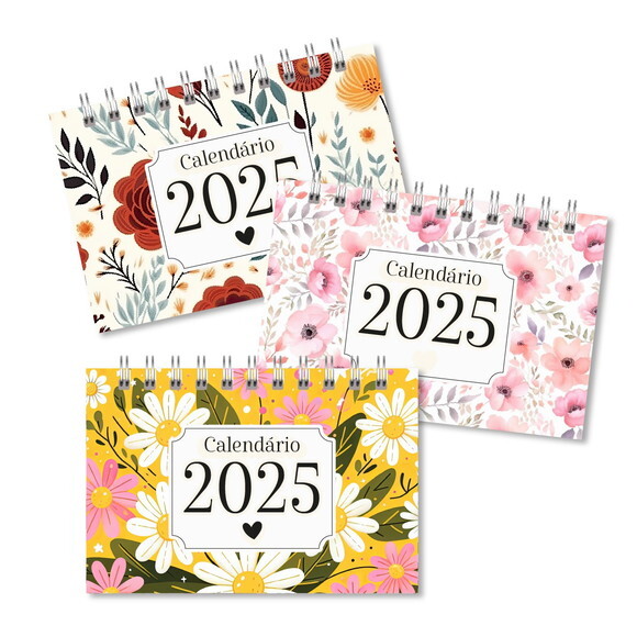 Calendário de Mesa 2025 Floral Feminino A6 Horizontal