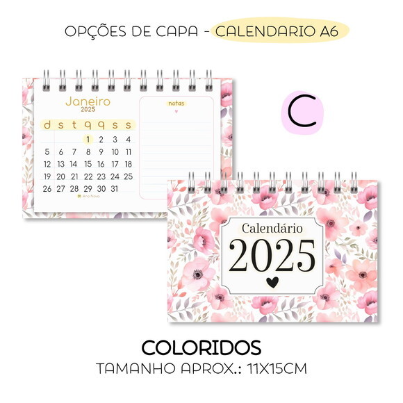Calendário de Mesa 2025 Floral Feminino A6 Horizontal