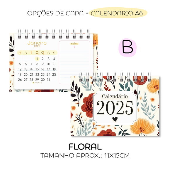 Calendário de Mesa 2025 Floral Feminino A6 Horizontal