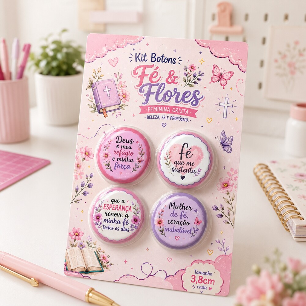 Kit Botons Fé e Flores Feminina Cristã – Mimo Religioso Lembr